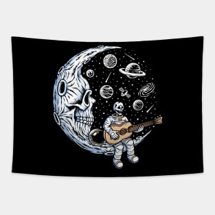 Funny Skeleton Astronaut Playing Guitar on Dead Moon Tapestry