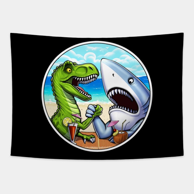 T-Rex Dinosaur Shark Arm Wrestling Tapestry by underheaven