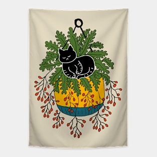 Black Cat Sleeping In A Hanging Yellow Plant Pot Tapestry