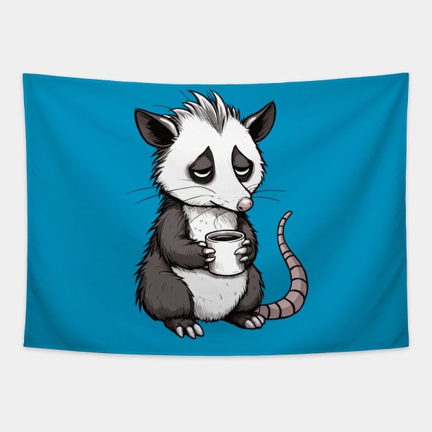 Tired possum with coffee Tapestry by ArtisticBox