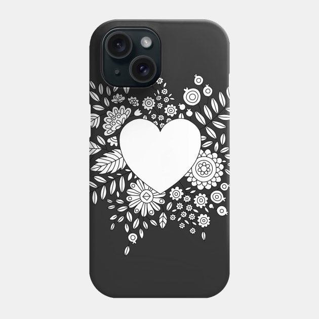 Flourishing Heart Adult Coloring Illustration, Heart and Flowers Wreath Phone Case by annagrunduls