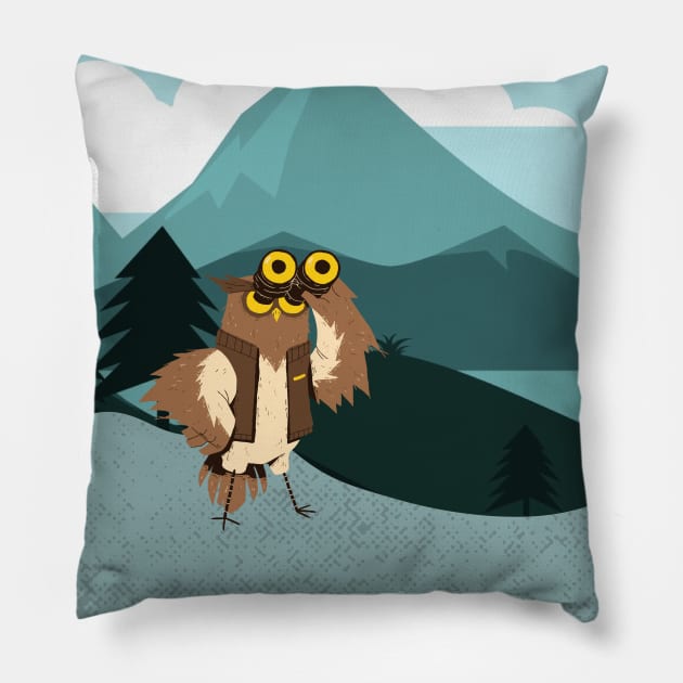 Bird Watching Owl with Binoculars Pillow by Belcordi