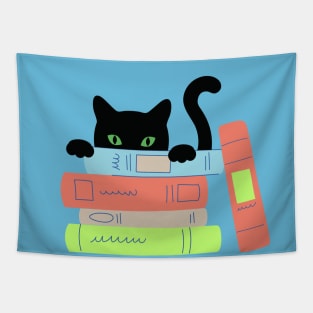 Funny Cute Kawaii Anime Book Reading Bookworm Peeking Cat Tapestry