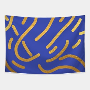 Indigo Blue Gold colored abstract lines pattern Tapestry