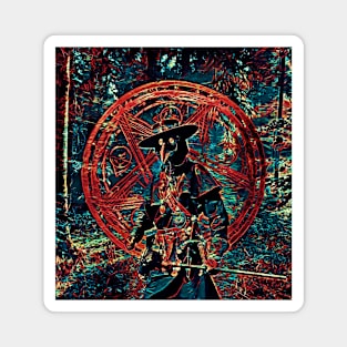 Plague doctor in the forest, on a pictogram background Magnet