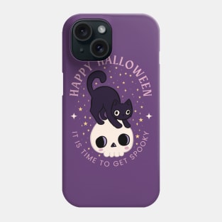 Happy halloween it is time to get spooky a cute cat on a skull Phone Case