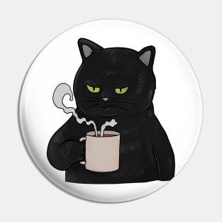 Grumpy Black Cat with Coffee Morning Grouch Pin