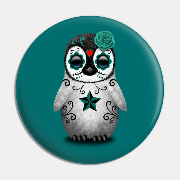 Teal Blue Day of the Dead Sugar Skull Penguin - Day Of The Dead - Pin | TeePublic Teal Blue Day of the Dead Sugar Skull Penguin - Day Of The Dead - Pin | TeePublic