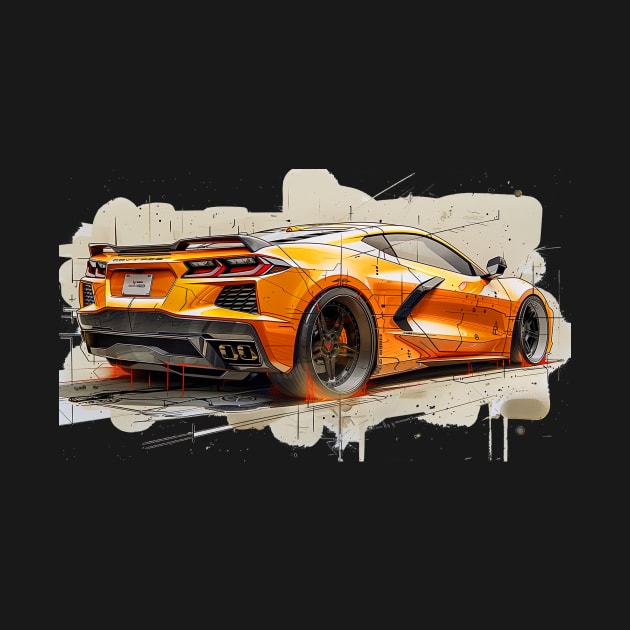 Amplify Orange C8 Corvette Rear View Supercar Racecar Engineering Sketch Printed on Back Corvette C8 by Tees 4 Thee