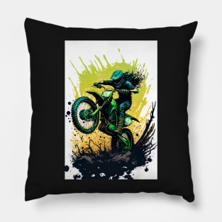 Dirt Bike With Green Paint Splash Design Pillow