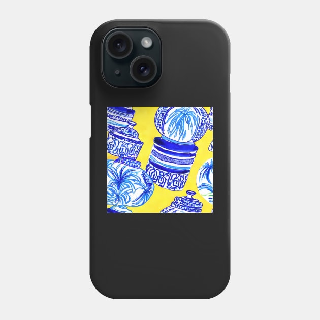 Blue and white chinoiserie jars on yellow background Phone Case by SophieClimaArt