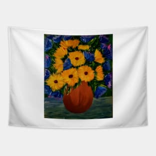 Some blue flowers and sunflowers in a bronze vase Tapestry