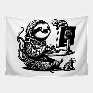 Punk Rock Oddcore Goth Sloths on Computer Vintage Style Tapestry