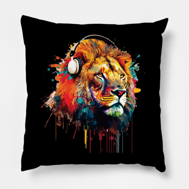 Lion with headphones Pillow by remixer2020