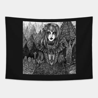 Gothic girl wandering through forest cemetery Tapestry