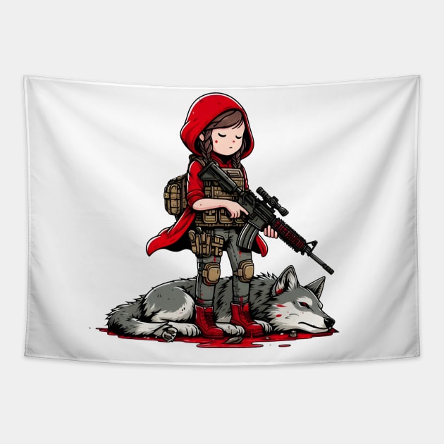 Tactical Little Red Riding Hood Adventure Tee: Where Fairytales Meet Bold Style Tapestry by Rawlifegraphic