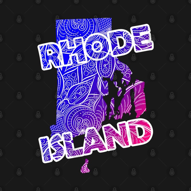 Colorful mandala art map of Rhode Island with text in blue and violet by Happy Citizen