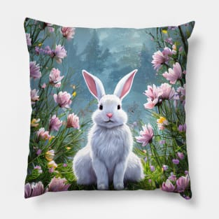 Fluffy white bunny rabbit in the woods with pink flowers Pillow
