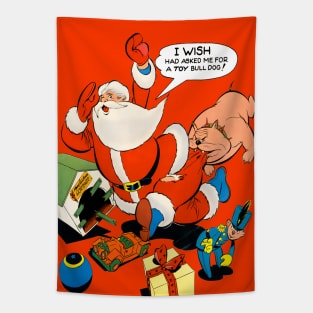 angry dog bites santa claus on merry christmas Retro Comic Vintage Tapestry