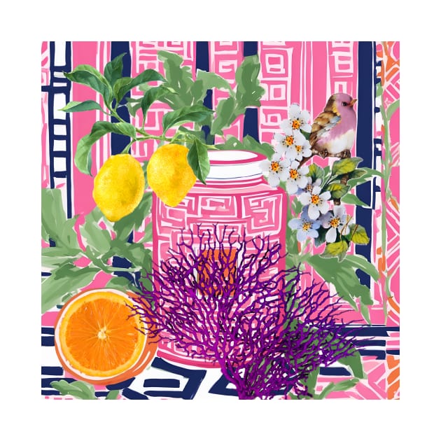 Grandmillennial pink and navy chinoiserie jar, bird and lemons by SophieClimaArt