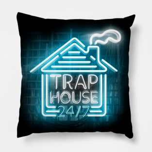 Trap HOUSE in Glowing Blue Neon Sign Pillow