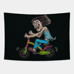 Zombie Bicycle, Zombie Riding bike, Zombie cycling, Zombie with Bicycle, zombie Rider, Halloween Cycling Pun, Retro Vintage Creepy Horror Spooky Halloween Art for Cyclist and cycling lovers Tapestry