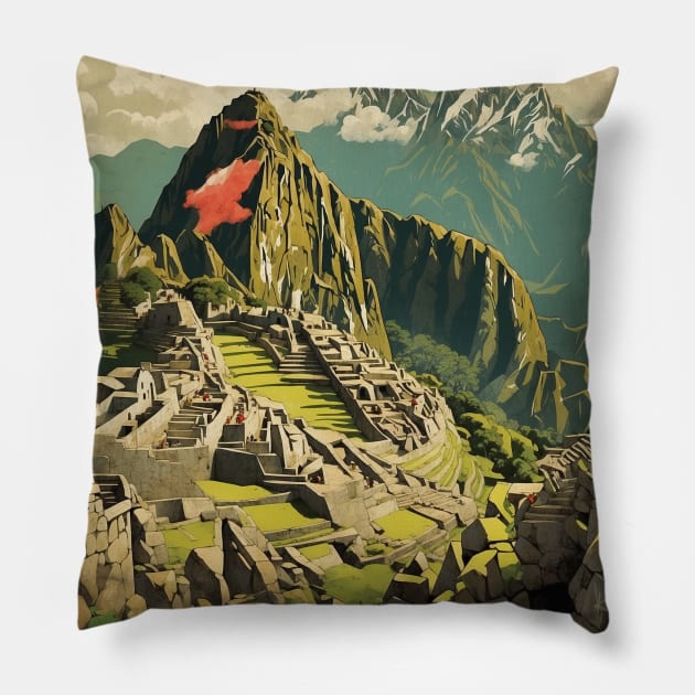 Machu Picchu Peru Tourism Vintage Poster 3 Pillow by TravelersGems