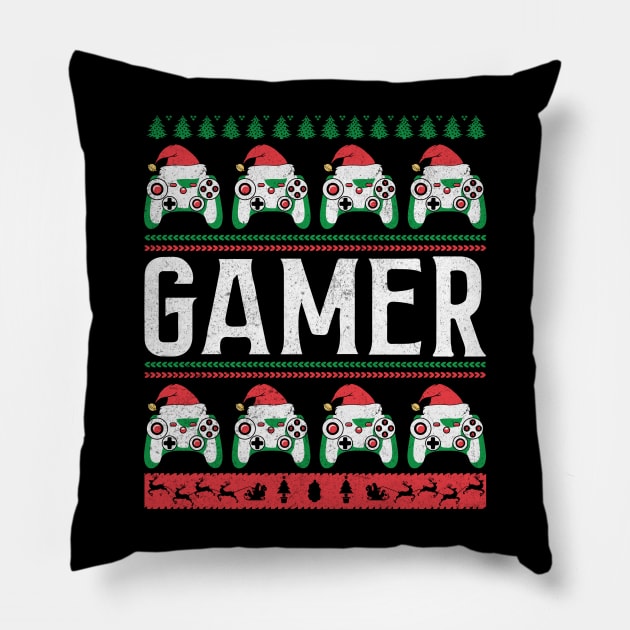 Gamer Christmas Pajama Game Controller Santa Hat Video Gaming Ugly Christmas Sweater Pillow by BadDesignCo