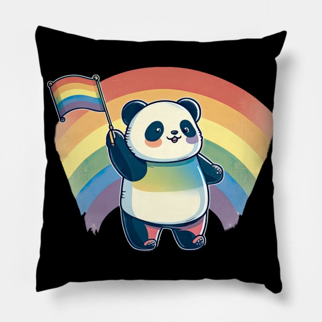 Cute Kawaii Panda Pride with rainbow flag Pillow by The-Dark-King