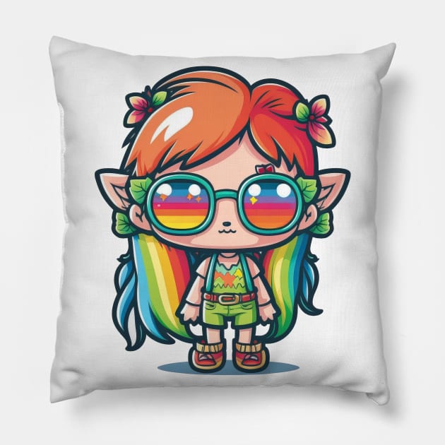 Cute happy kawaii hipster elf Pillow by Quixar