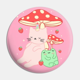 Kawaii Kittycorn Strawberry Frog Mushroom Cottagecore Pin