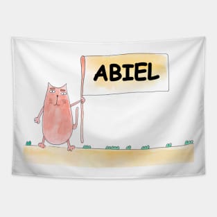 ABIEL name. Personalized gift for birthday your friend. Cat character holding a banner Tapestry