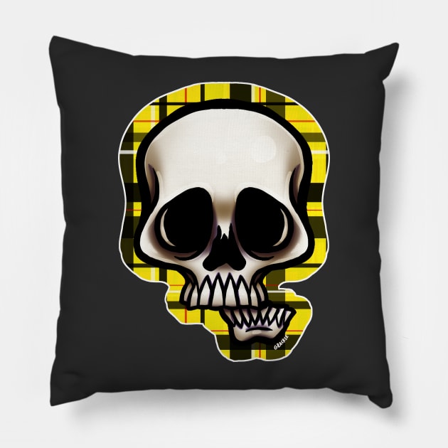 Yellow Plaid Skull Pillow by Jan Grackle