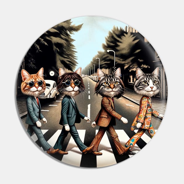 Feline Fab Four - Cat Beatles Abbey Road Parody Art Pin by Doming_Designs