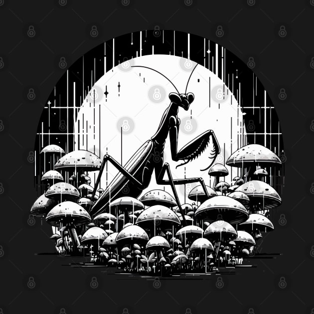 Monochromatic Praying Mantis in Mushroom Garden by TomFrontierArt