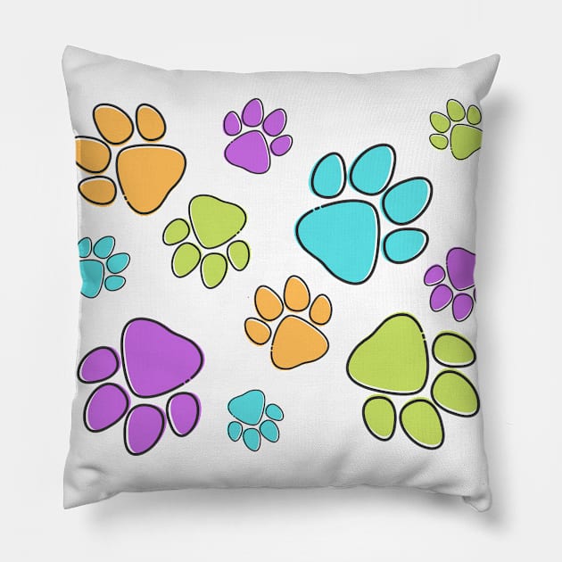 Kids Pawprint Pattern – Orange Purple Green Blue Pillow by KoreDemeter14