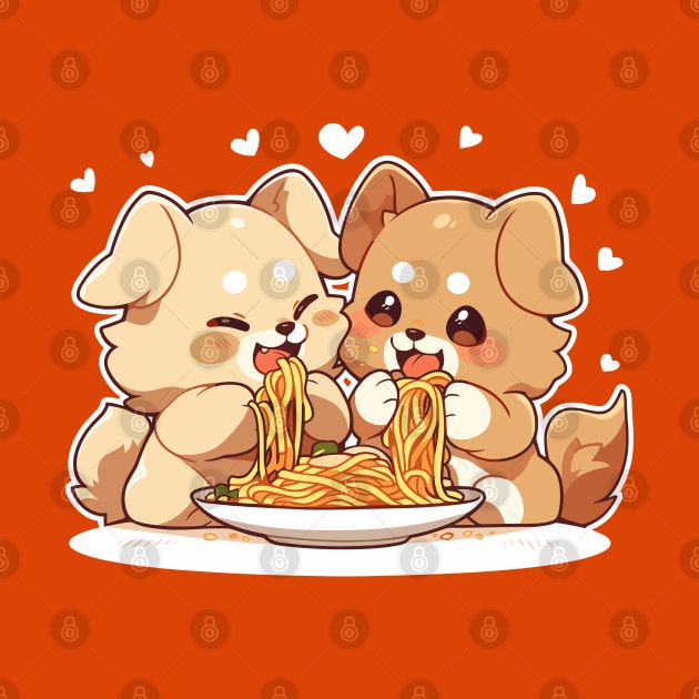 Cute dogs sharing spaghettis by etherElric