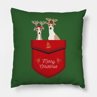 Greyhound Dog with Reindeer Ear Inside Red Festive Pocket with Merry Christmas Sign Pillow