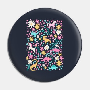 Floral Burst of Dinosaurs and Unicorns in Neon Pin