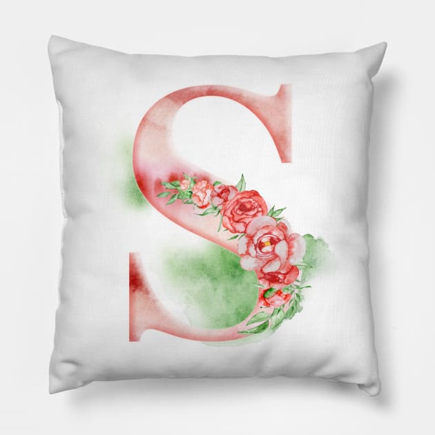 Floral Watercolor Monogram - S Pillow by MysticMagpie