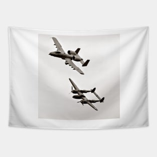 Warthog and Lighting Sepia In Flight Military Aviation Tapestry