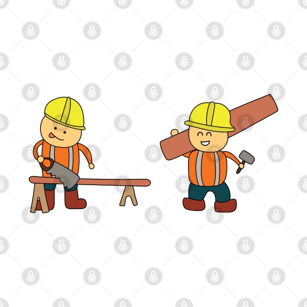 Kids drawing of carpenter sawing a log and the other carrying a wood board by wordspotrayal