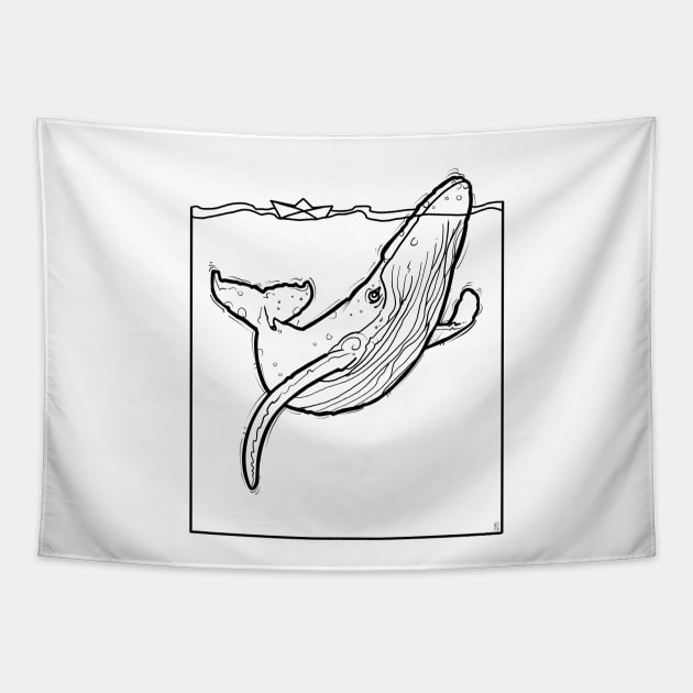 Whale and paper boat Tapestry by weilertsen