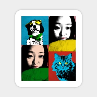 BEAUTIFUL FUNNY ASIAN GIRL, CAT AND DOG POP ART COLOR Magnet