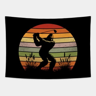 Bigfoot Sasquatch Playing Golf Vintage Sunset Outdoor Sport Tapestry