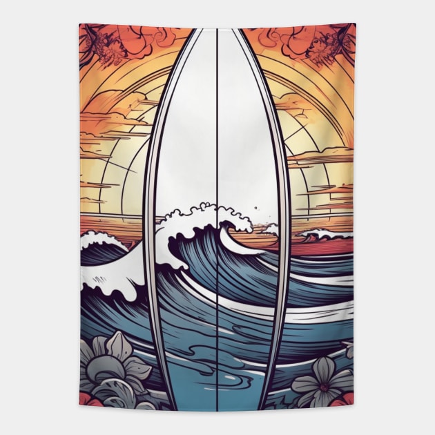 Summer Surf Board Sunset Tapestry by Nightarcade