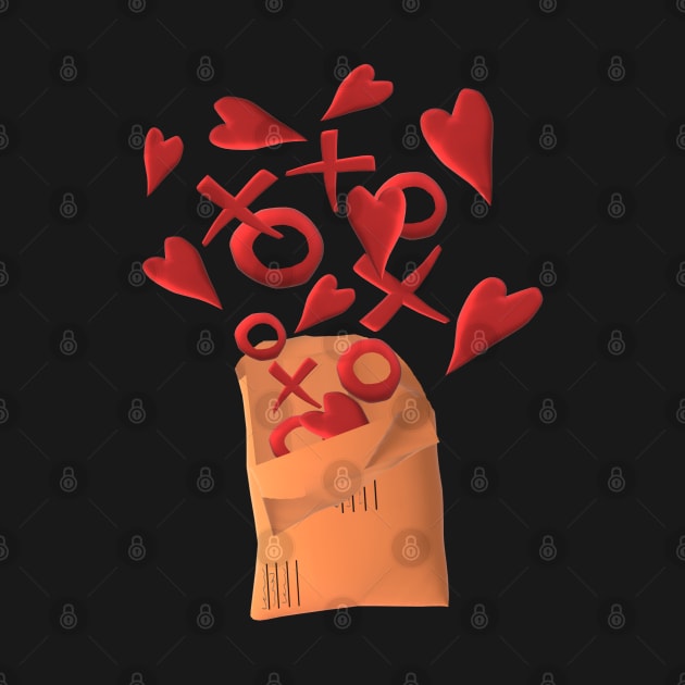 Send Love. Happy Snail Mail Envelope with Hearts, X's and O's. (Black Background) by Art By LM Designs 