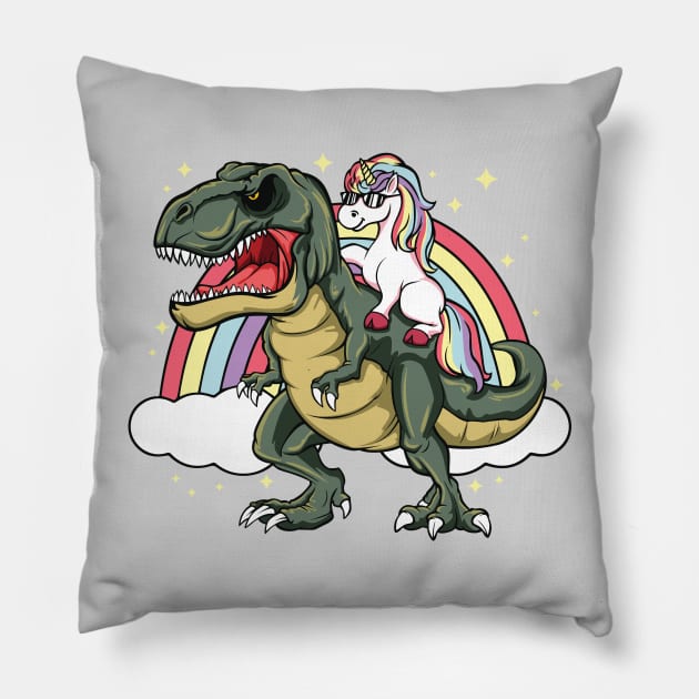 Unicorn Riding Dinosaur Trex Lover Rainbow Pillow by ghsp