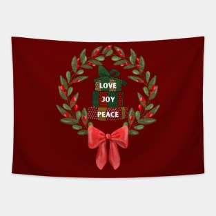 Holiday Christmas wreath with gifts of Love Joy and Peace Tapestry