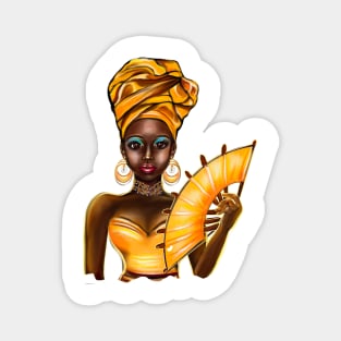 Queen Black is beautiful black girl with Gold headscarf, necklace, earrings, gold dress and head wrap, brown eyes and dark brown skin ! Magnet